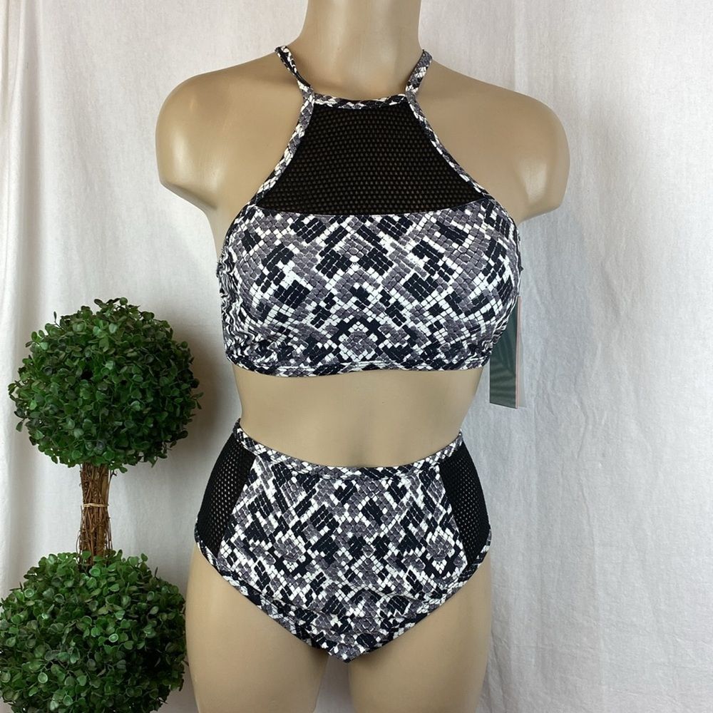 Coastal Blue Black Snake Print High Waist Bikini Swim Suit Set NEW S M